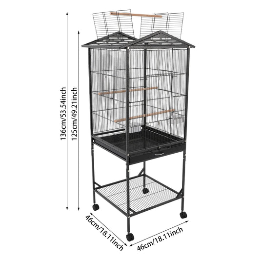 Bird Cage with Play Open Top, Floor Standing Metal Bird Cage, Bird Cage with 4 Wheels for Budgerigars, Parakeets, Parrots
