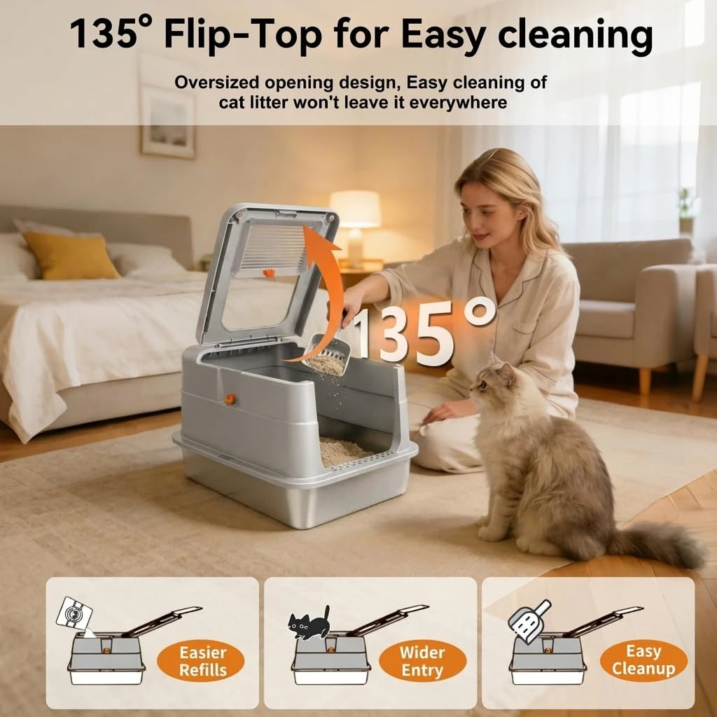 Stainless Steel Cat Litter Box With Enclosed Odor Control Flip Top Lid