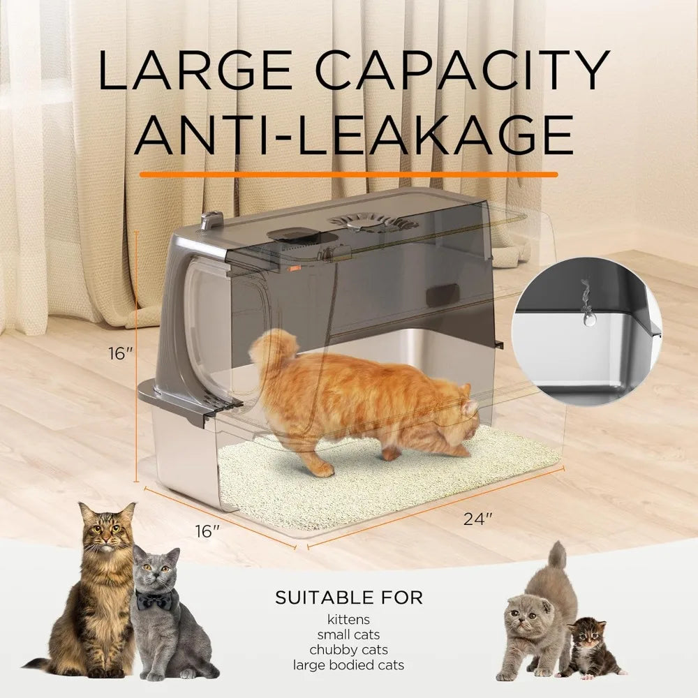 Extra Large Enclosed Stainless Steel Litter Box with Lid Scoop and Mat Odor Control for Big Cats