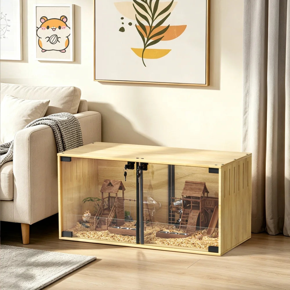 Wooden Hamster Cage With Dual Doors And Removable Divider Chew Proof
