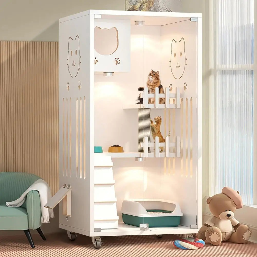 Wooden Cat House Luxury Condo Villa With Wheels Scratching Post