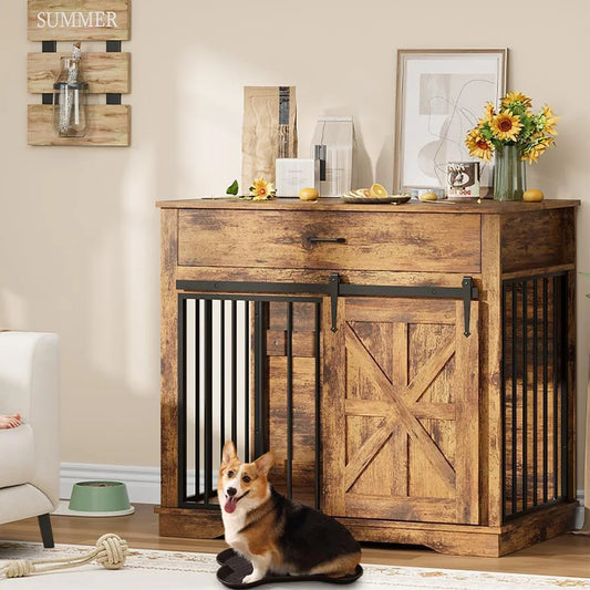 HiMISS Farmhouse Dog Crate Furniture End Table With Sliding Barn Doors Drawer