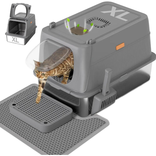 Extra Large Enclosed Stainless Steel Litter Box with Lid Scoop and Mat Odor Control for Big Cats