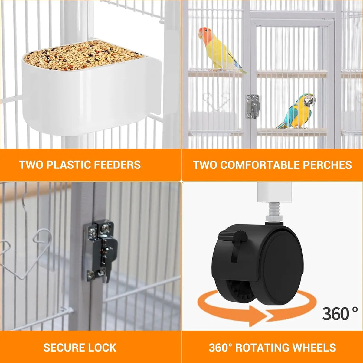 Large Bird Cage with Rolling Stand, Wrought Iron Parakeet Cage with Slide Out Tray Parrot Cages with Tray Food Boxes and Wooden