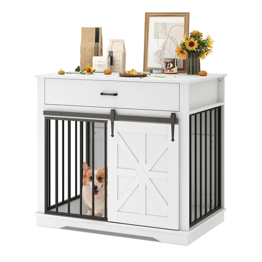 HiMISS Farmhouse Dog Crate Furniture End Table With Sliding Barn Doors Drawer