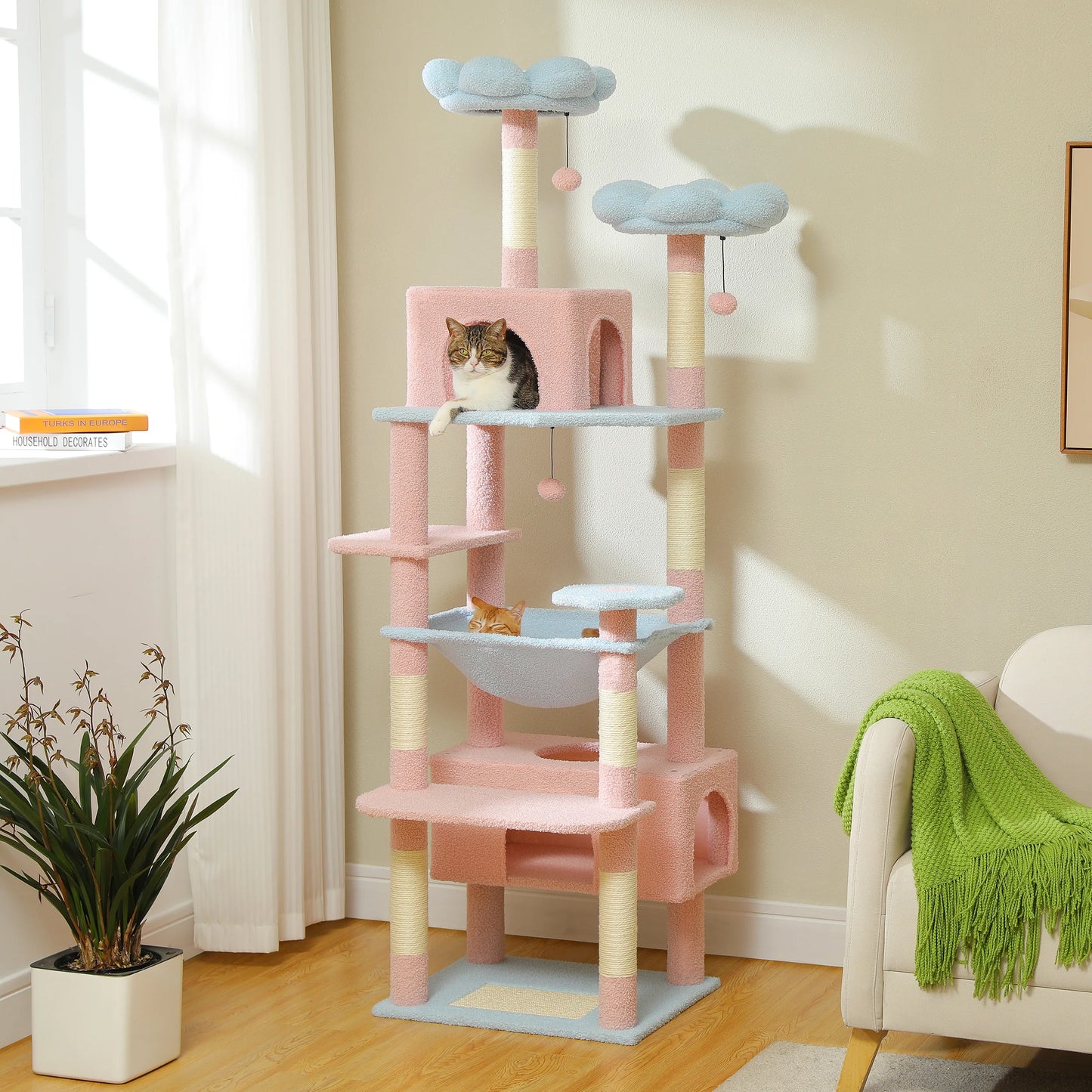 PETEPELA Cat Tree Tower With Sisal Posts, Hammock, Perches, Condos