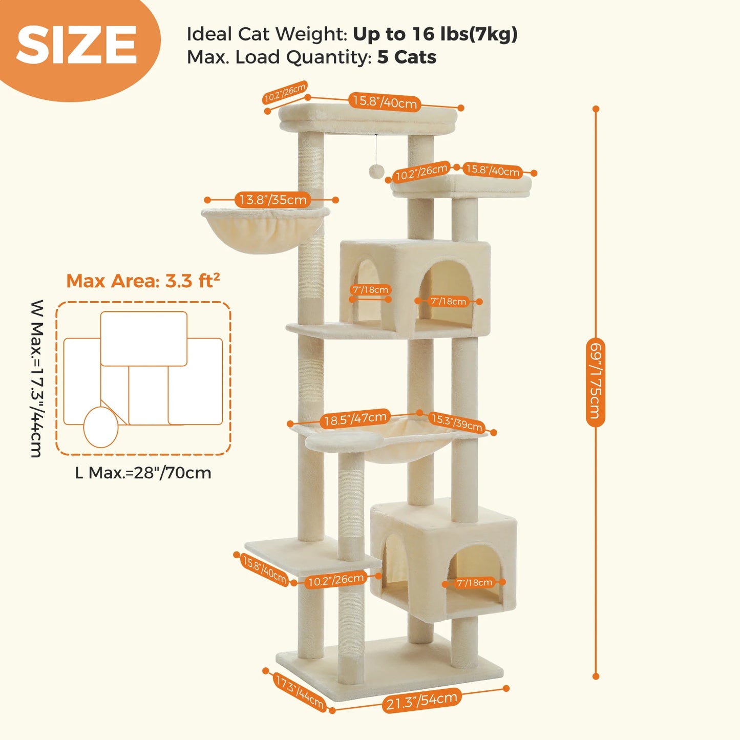 PAWZ Road Tall Cat Tree for Indoor Cats with Hammock and Scratching Posts