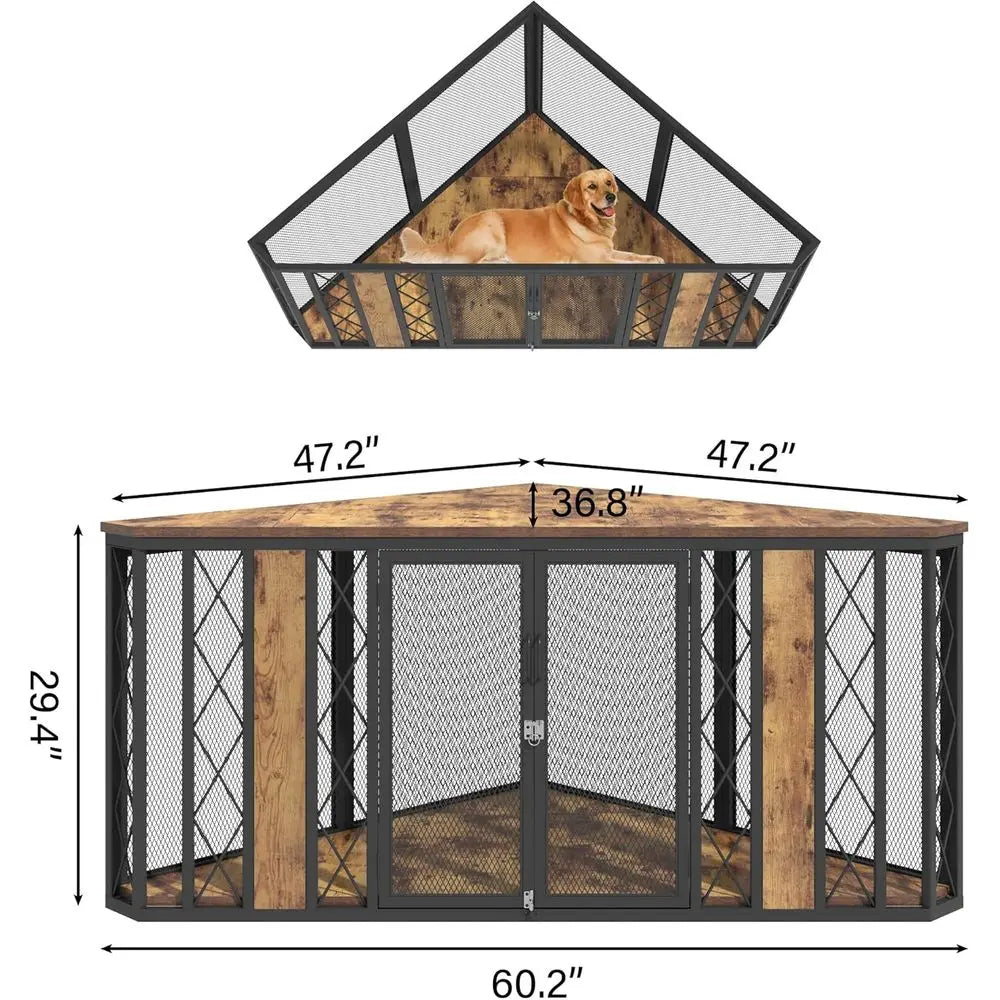 Corner Wooden Dog Crate Furniture With Diamond Metal Accent