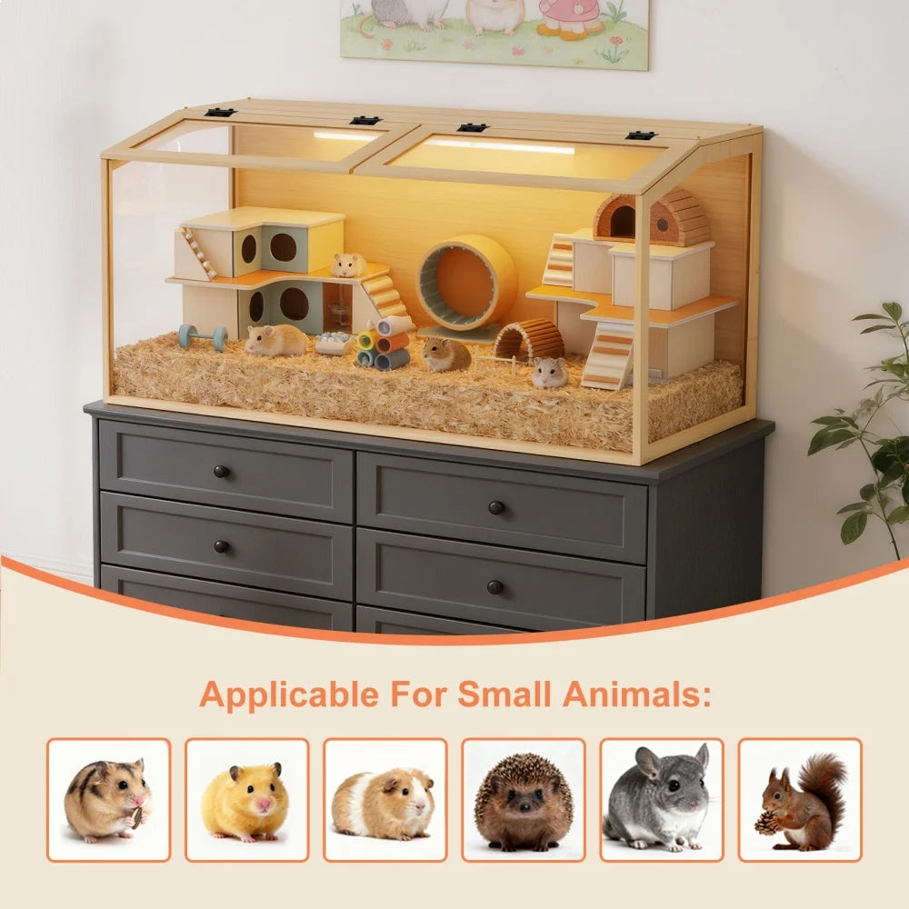 Large Wooden Hamster Cage Clear Tempered Glass Pet Small Animal Habitat Cage Playful House Built-in LED Light with Openable Roof