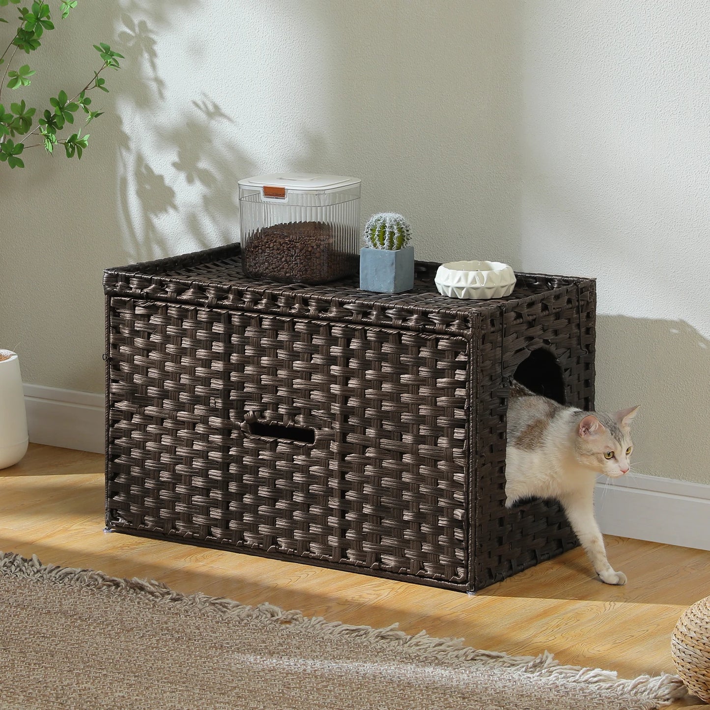 PEQULTI Rattan Cat Litter Box Enclosure With Taller Doorway And Raised Edge Mat