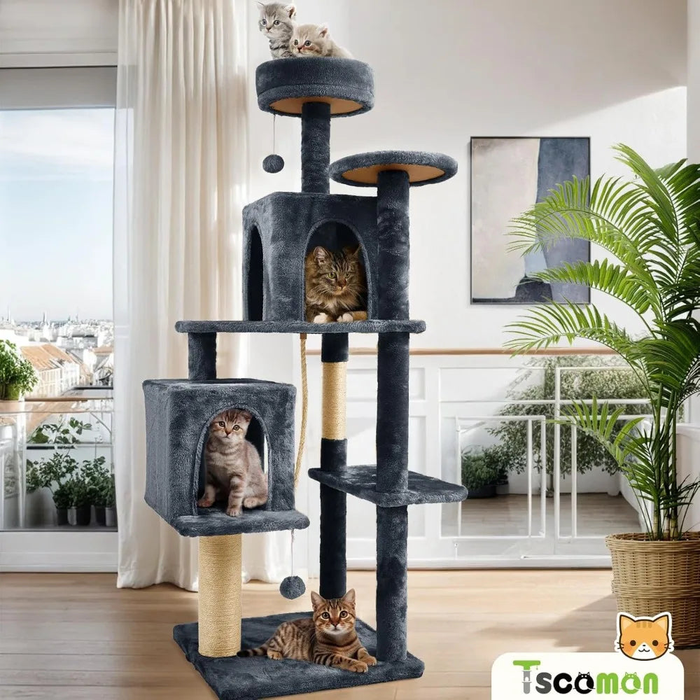 Large Multi-Level Cat Tree Condo Indoor Climbing Tower Scratching Post Sisal Soft Plush Black Grey
