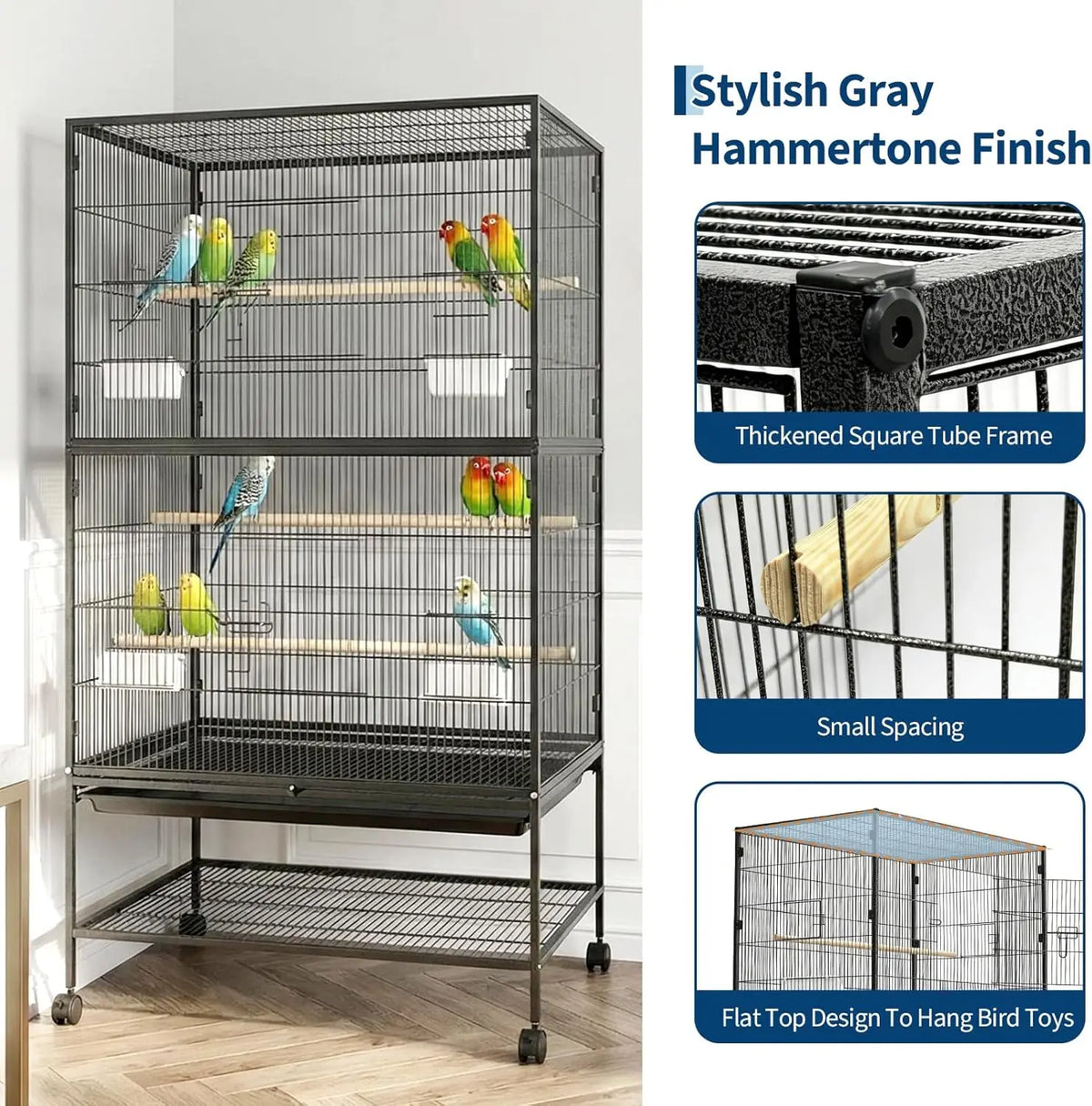 61" H Large Bird Cage with Rolling Storage Stands, Feed Bowls, Wide Tall Parakeet Cage for Parakeets, Parrot, Conures, Cockatiel