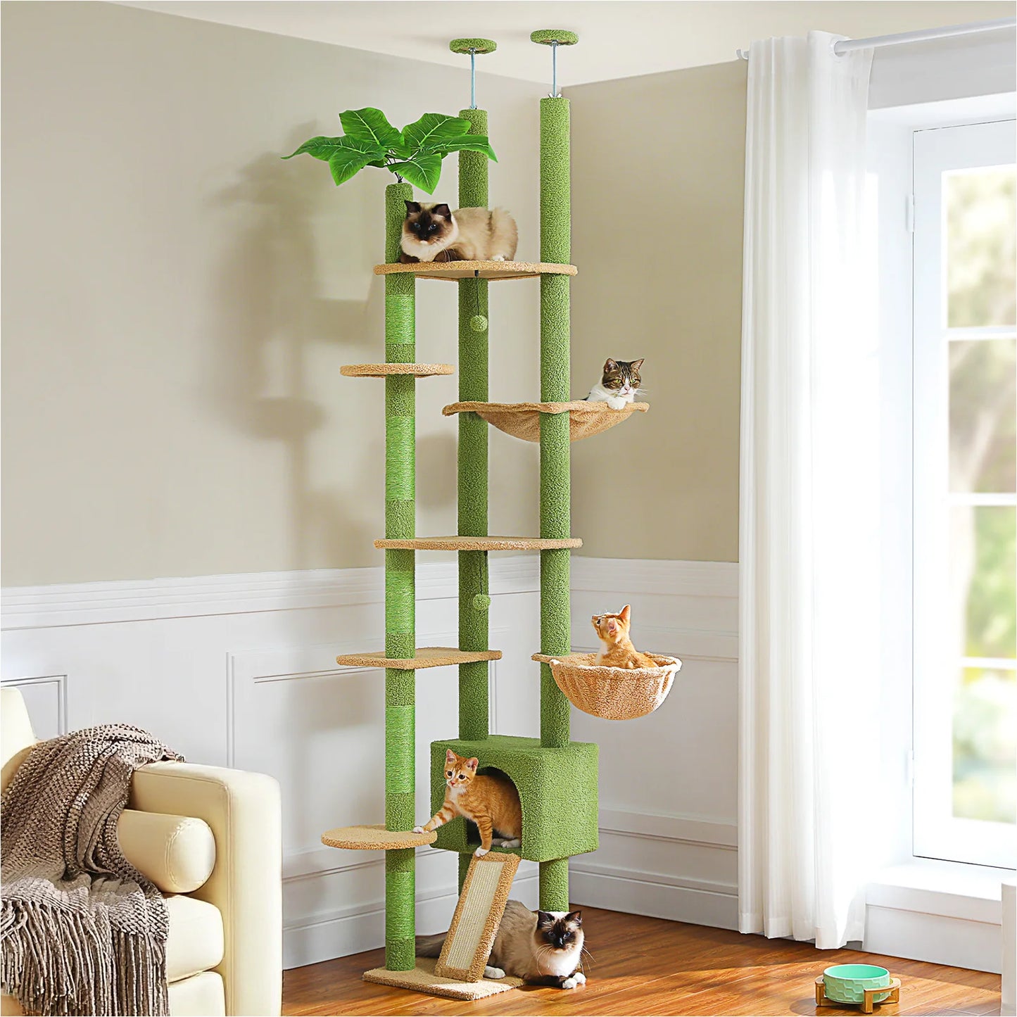 PEQULTI Cactus Cat Tree Floor To Ceiling Tower With Sisal Scratching Post