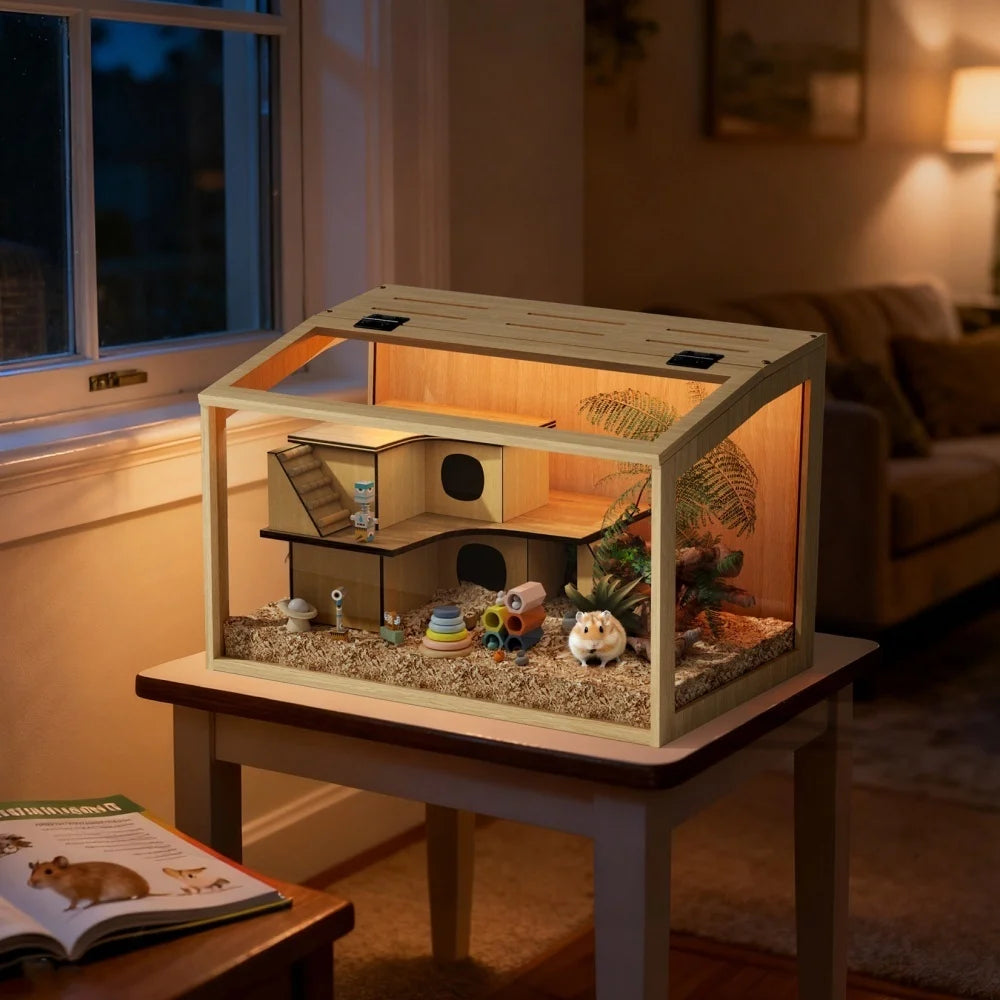 Large Wooden Hamster Cage Clear Tempered Glass Pet Small Animal Habitat Cage Playful House Built-in LED Light with Openable Roof