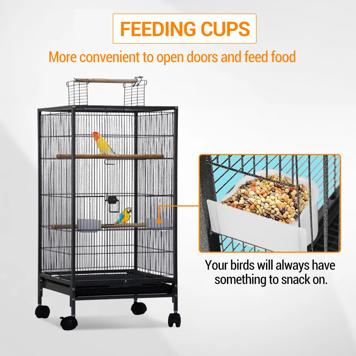40 Inch Open Top Metal Bird Cage With Wooden Perches Slide-Out Tray Wheels Water Bottle Feeder For Parrot Parakeet Cockatiel