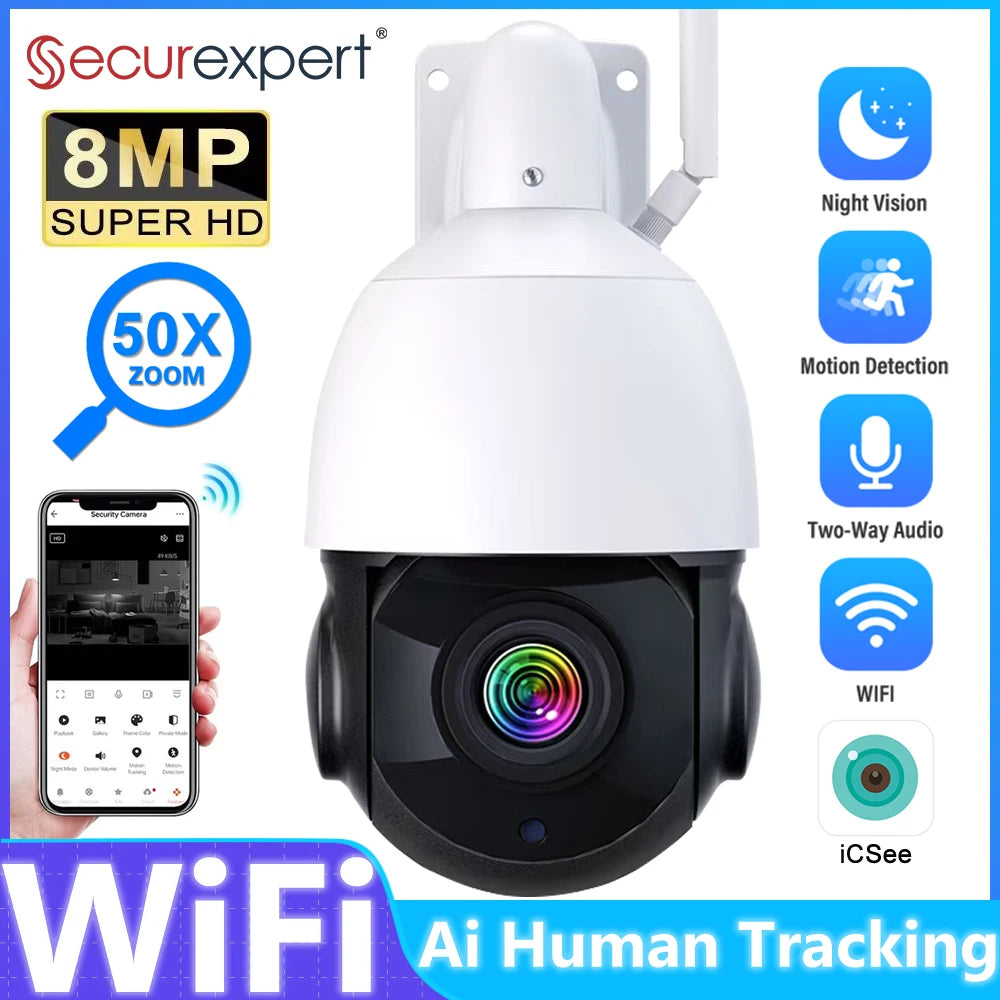 SecureXpert 8MP 4K WiFi PTZ Outdoor IP Dome Camera With AI 50X Zoom