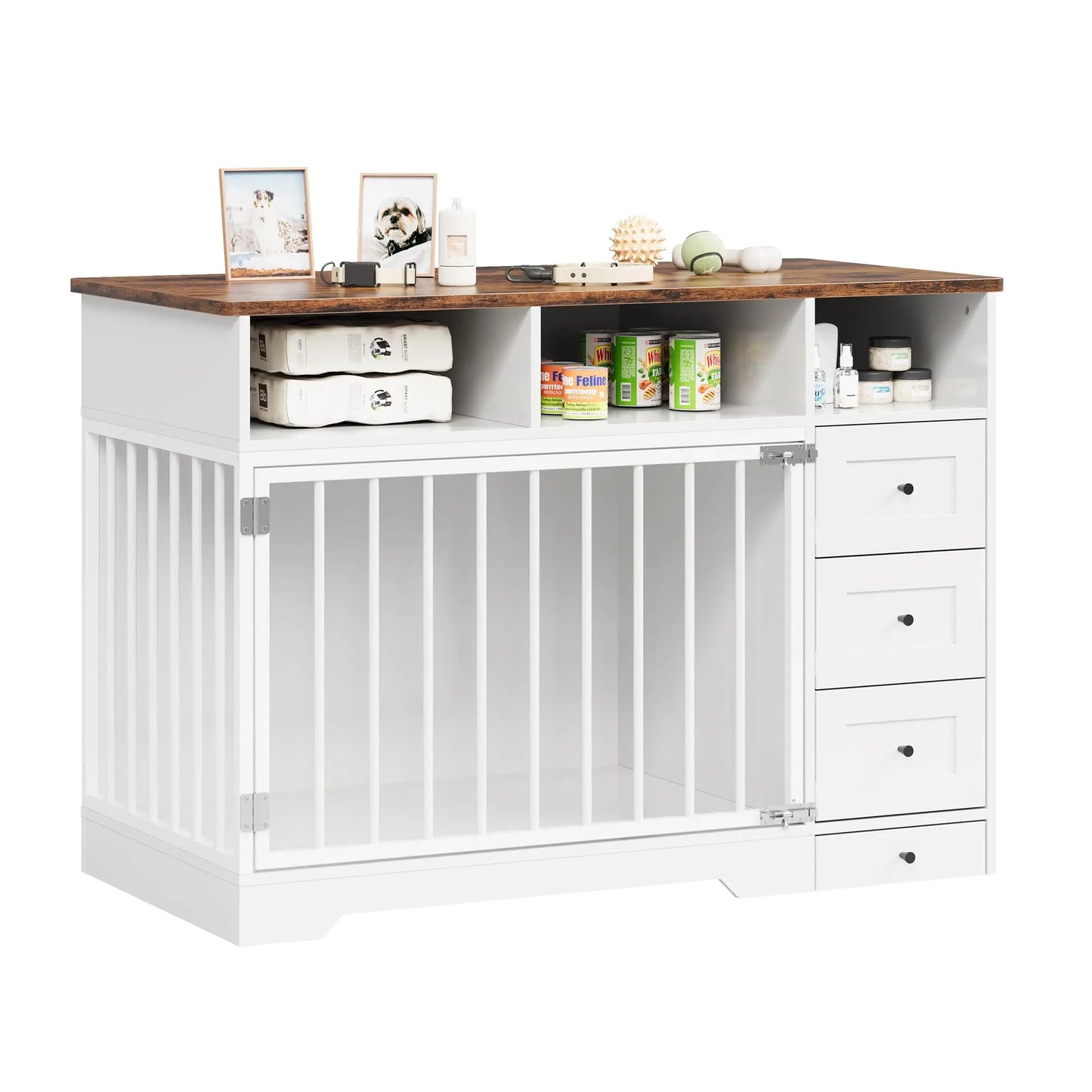 HiMISS Farmhouse Wooden Dog Crate End Table With Six Storage Drawers
