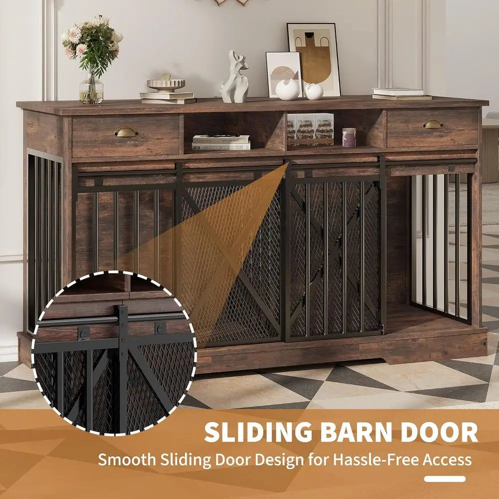 Double Dog Crate Furniture With Divider And Sliding Doors