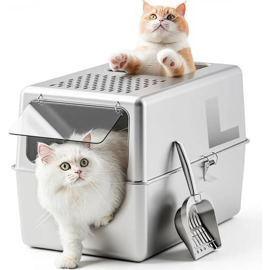Enclosed Stainless Steel Litter Box High Sided Odor Control Easy Clean