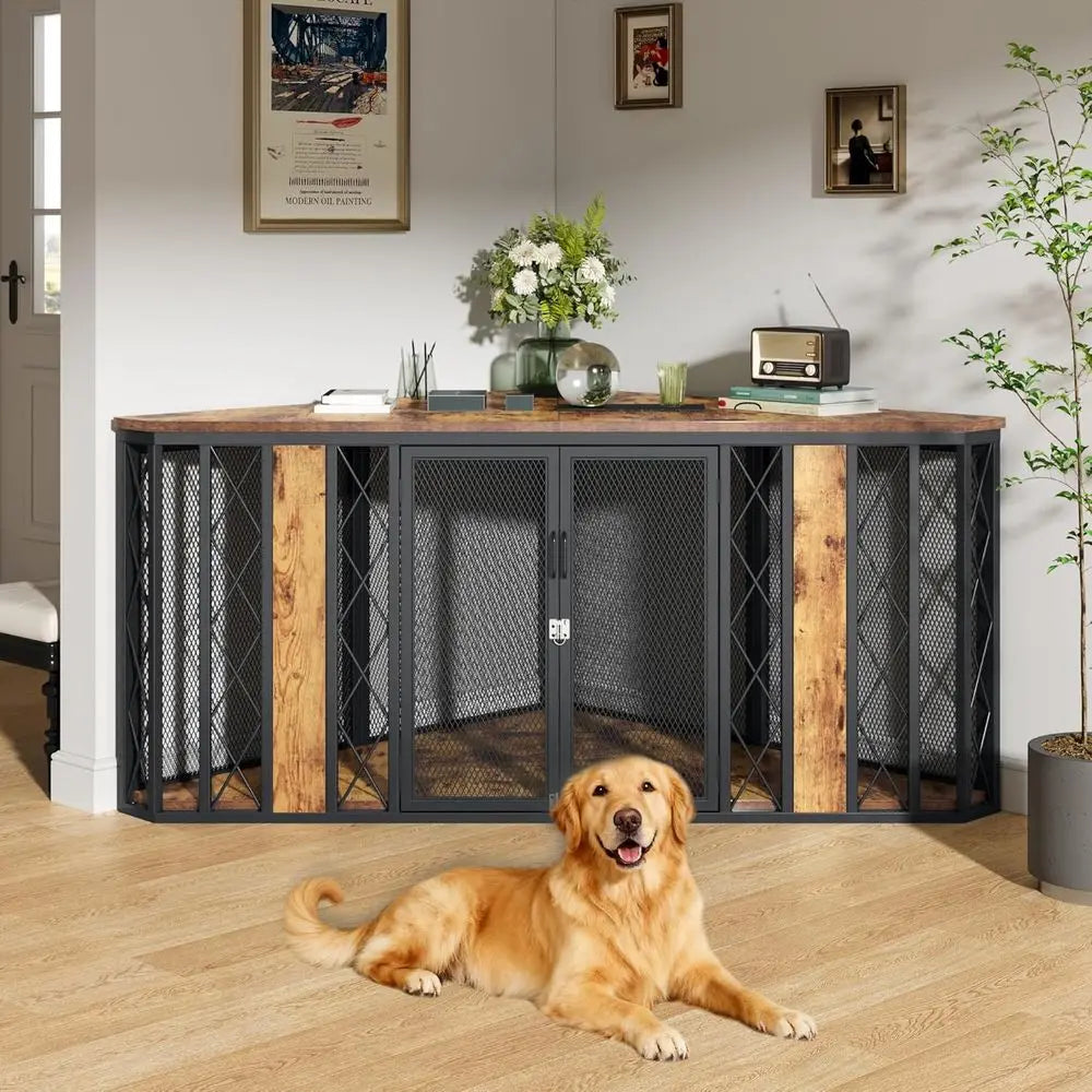Corner Wooden Dog Crate Furniture With Diamond Metal Accent