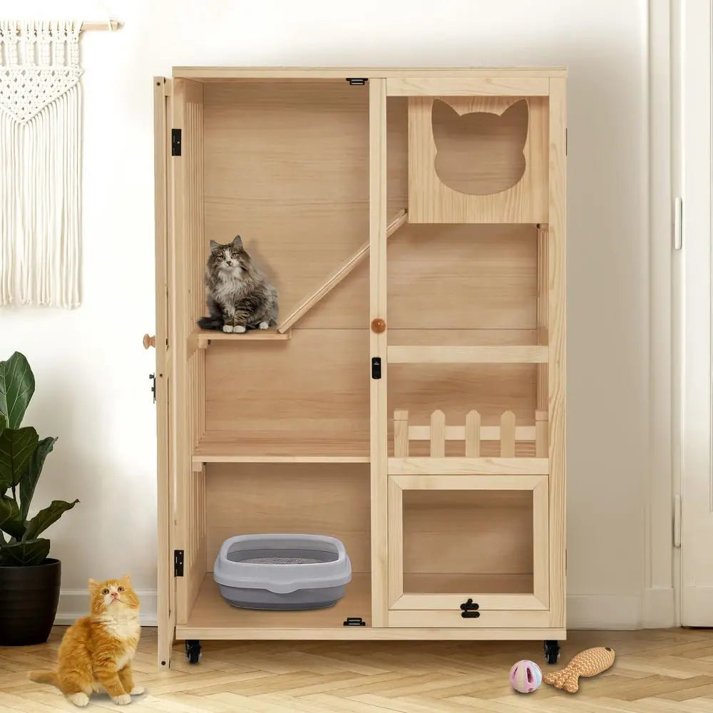 Luxury Wooden Cat Villa For Indoor Cats With Scratching Pad And Lockable Doors