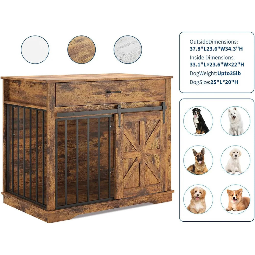 HiMISS Farmhouse Dog Crate Furniture End Table With Sliding Barn Doors Drawer