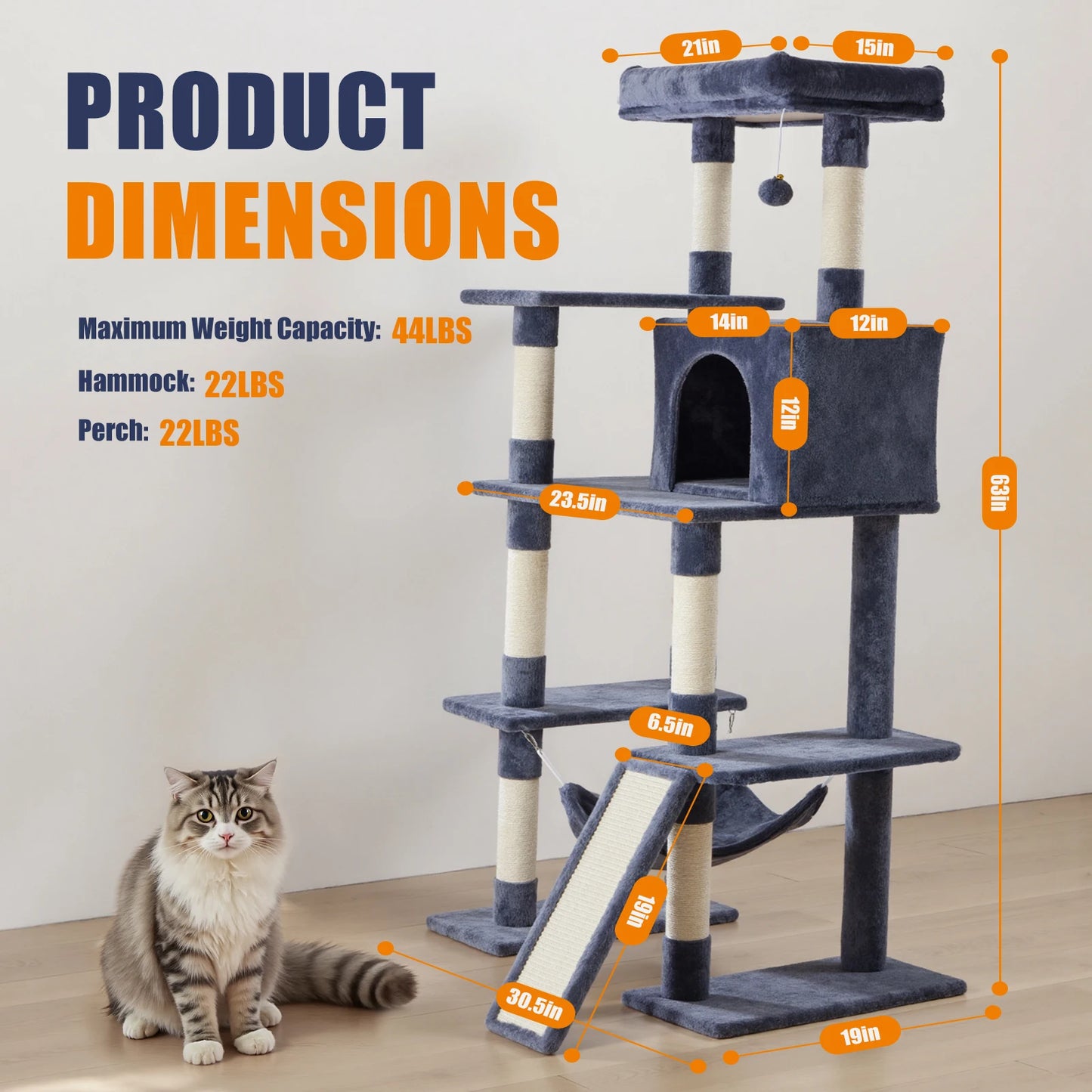 JHK 63In Cat Tree Tall Multi-Cat Climbing Tower for Pet Furniture Natural Sisal Scratching Posts Stable Pet House for Indoor Cat