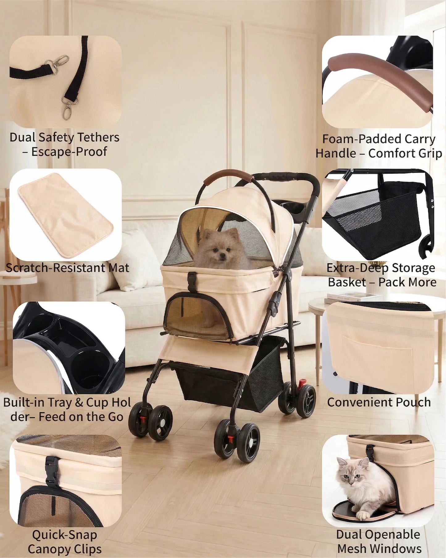 2-in-1Pet Stroller for Small Dogs Cats Foldable Lightweight 4 Wheel Dog Stroller with Removable Carrier Travel Portable Pet Cart