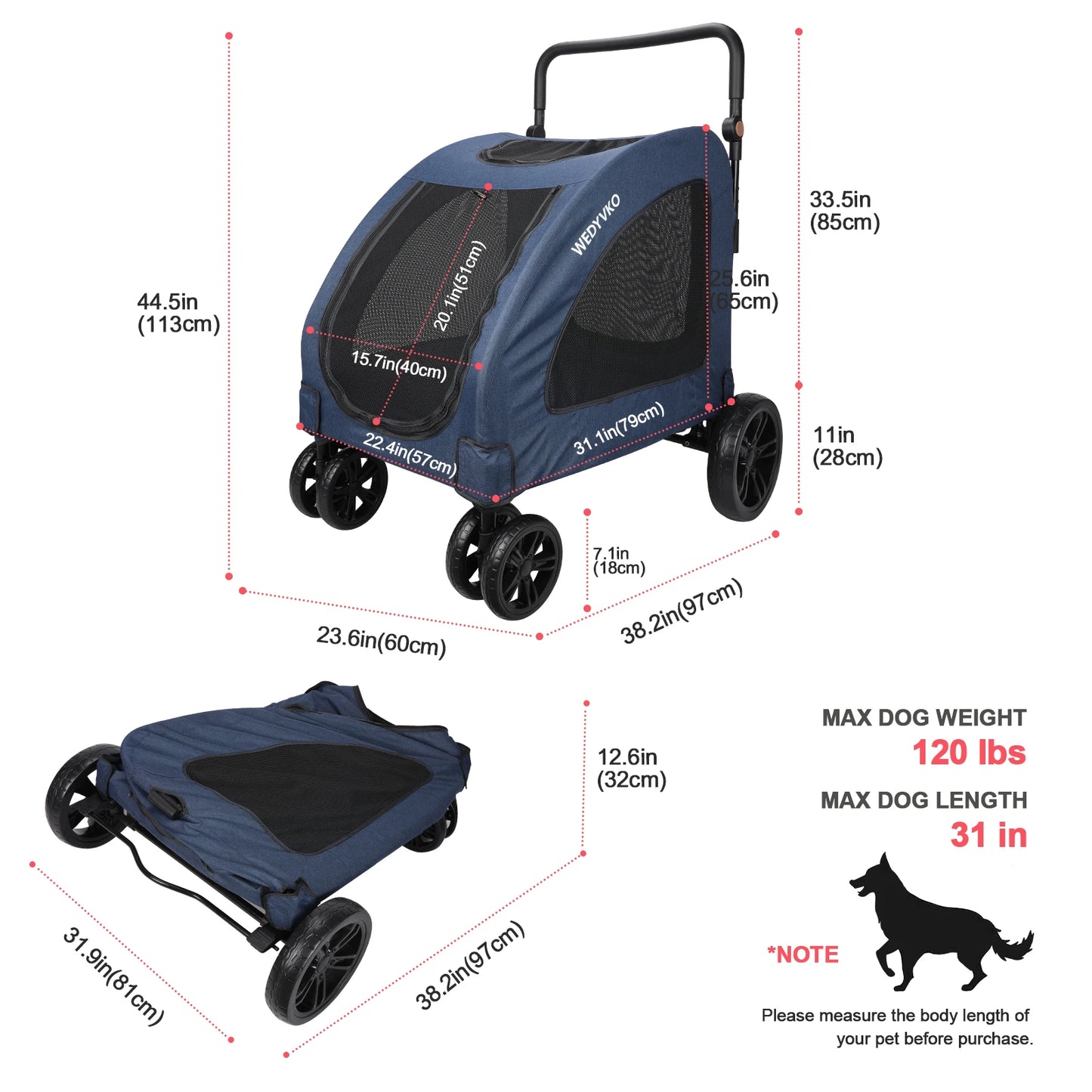 Heavy Duty Foldable Dog Stroller For Large Dogs 120 Lbs