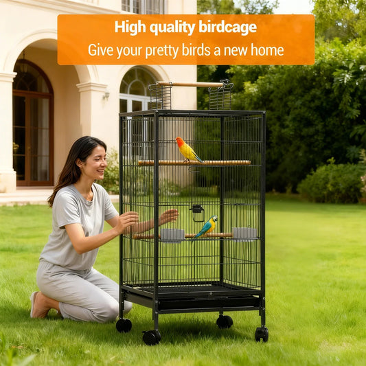40 Inch Open Top Metal Bird Cage With Wooden Perches Slide-Out Tray Wheels Water Bottle Feeder For Parrot Parakeet Cockatiel