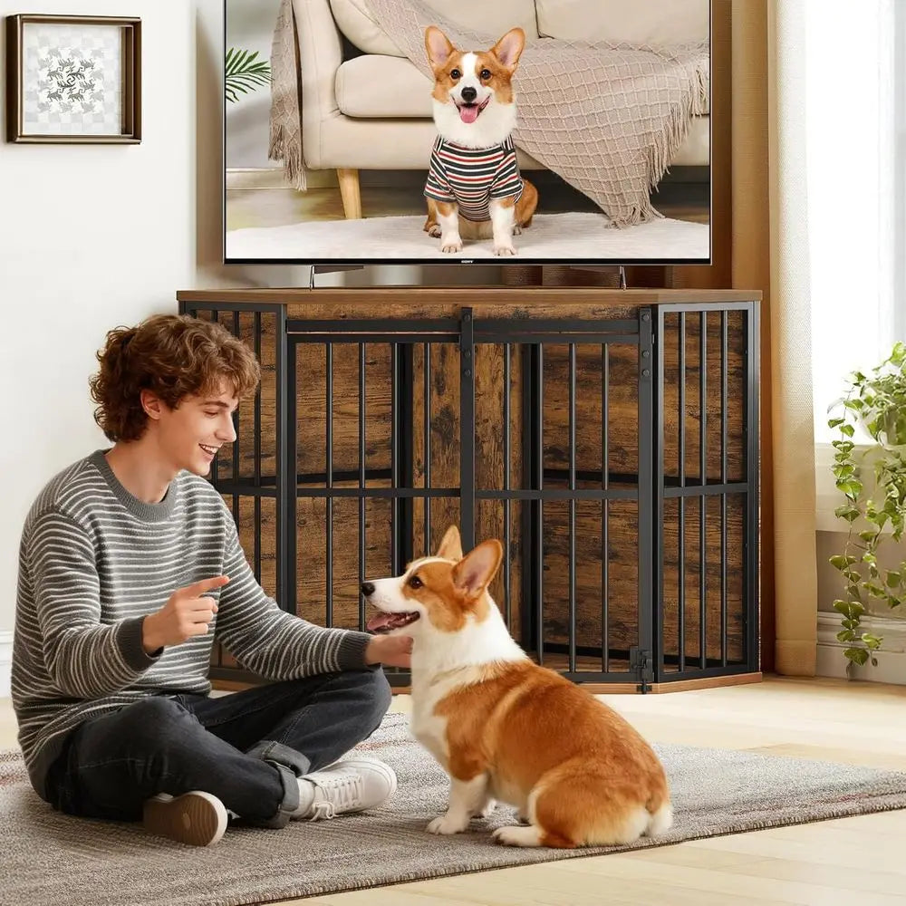 Corner Dog Crate Furniture With Barn Door Heavy Duty Indoor Kennel