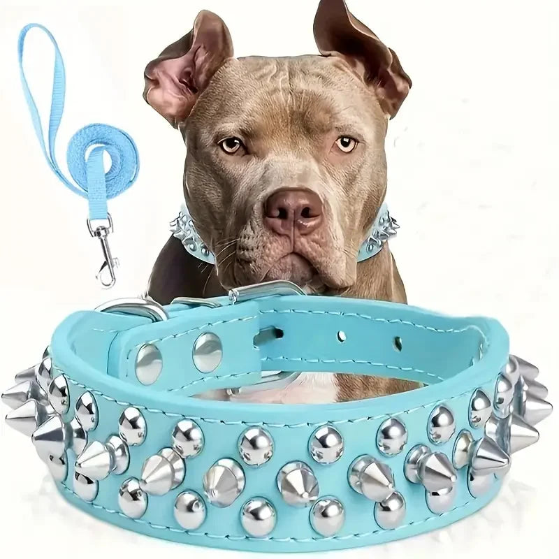 Leather Spiked Dog Collar And Leash Set Rivet Adjustable