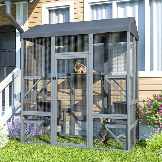 Outdoor Cat Enclosure For Multiple Cats With Waterproof Cover