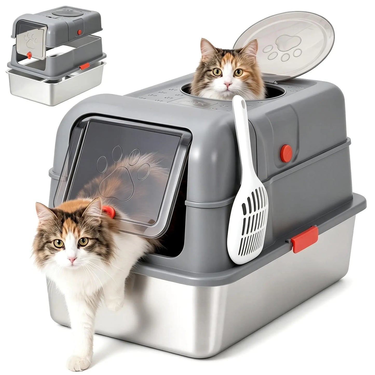 Enclosed Stainless Steel Litter Box With Lid Dog Proof XL Metal Litter Pan High Sided Anti Leak Front Entry Top Exit For Big Cats Includes Scoop For Multi Cat Home
