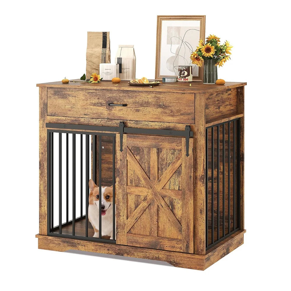 HiMISS Farmhouse Dog Crate Furniture End Table With Sliding Barn Doors Drawer