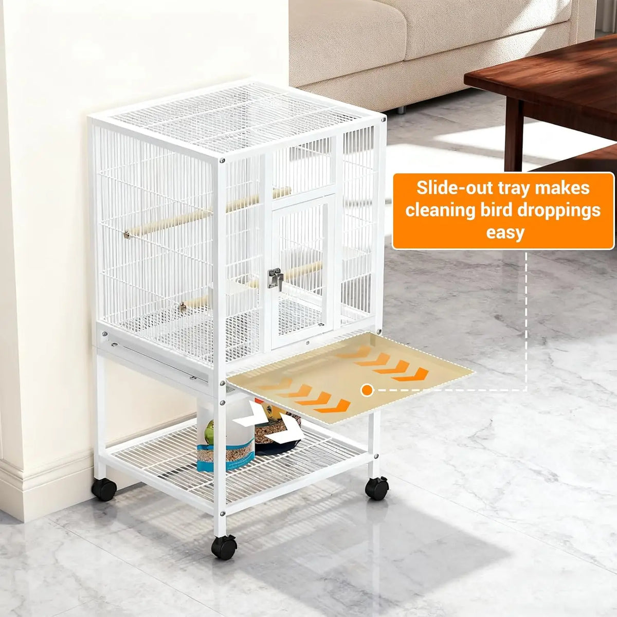 Large Bird Cage with Rolling Stand, Wrought Iron Parakeet Cage with Slide Out Tray Parrot Cages with Tray Food Boxes and Wooden