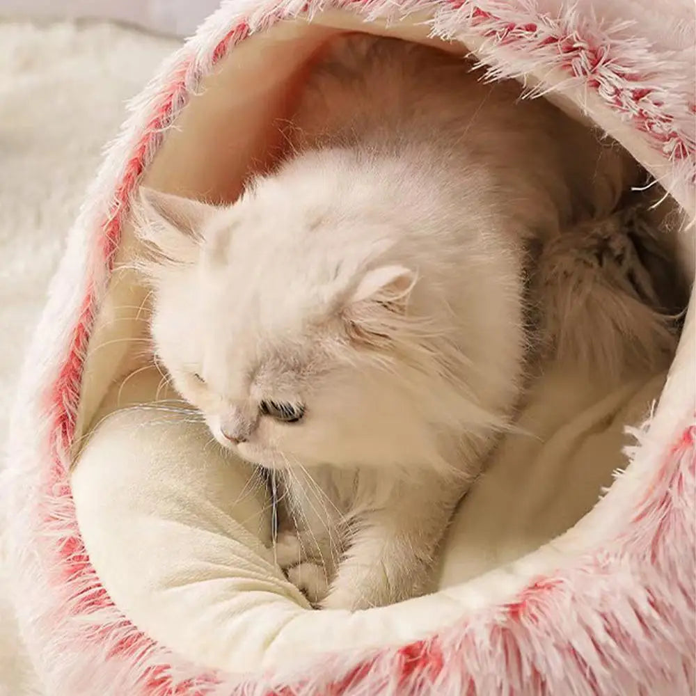 Winter Plush Round Cat Bed 2 In 1 Sleeping Nest For Small Dogs