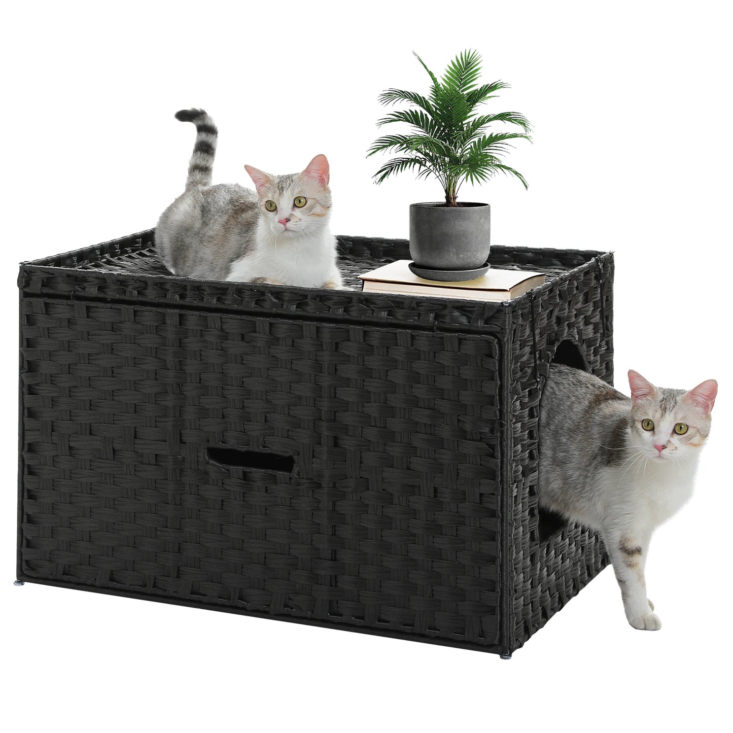 PEQULTI Rattan Cat Litter Box Enclosure With Taller Doorway And Raised Edge Mat