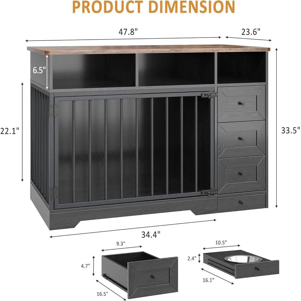 Farmhouse Style Heavy Duty Dog Crate End Table With Bowl Storage