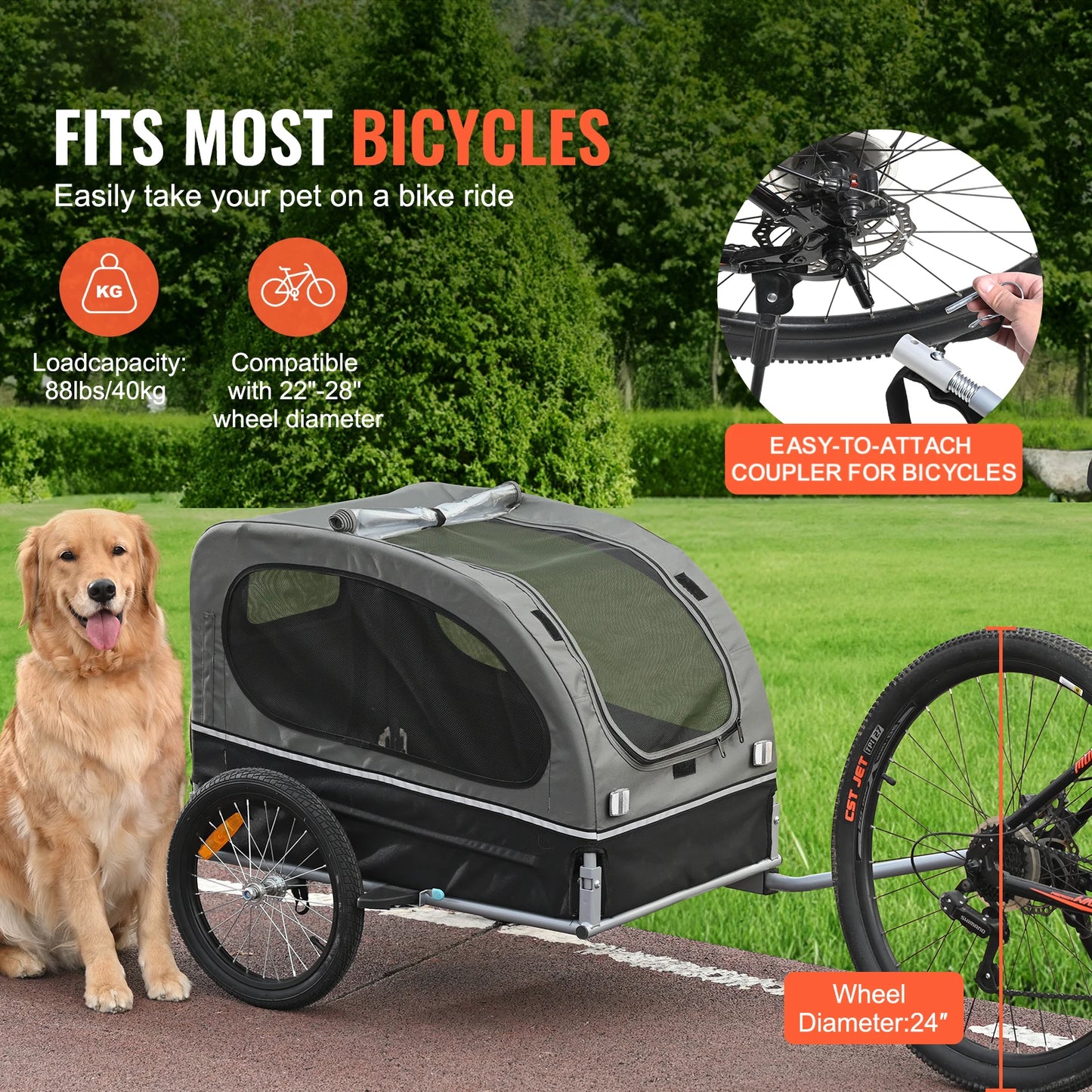 Dog Bike Trailer Carrier 88 Lb Capacity With Wheels Reflectors Flag