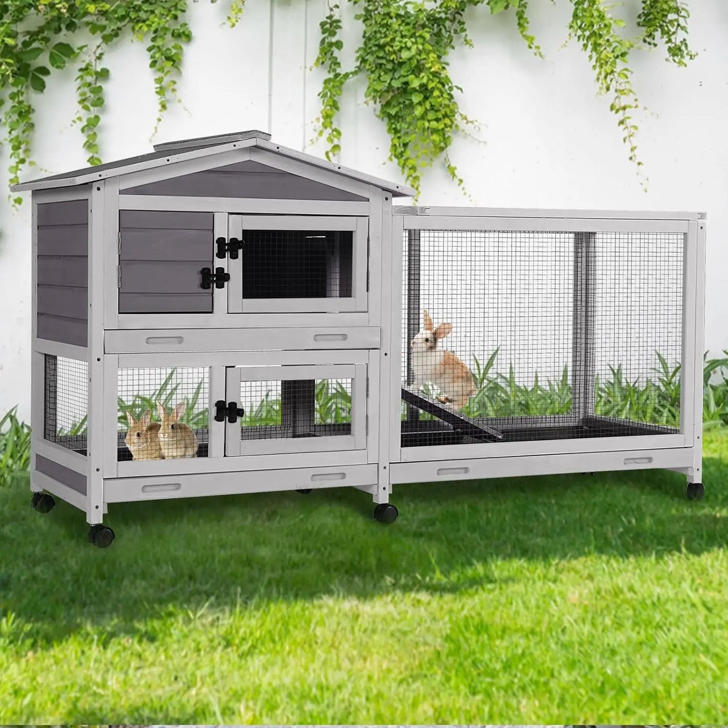 Two Story Rabbit Hutch With Chewproof Full Metal Frame And Locking Casters