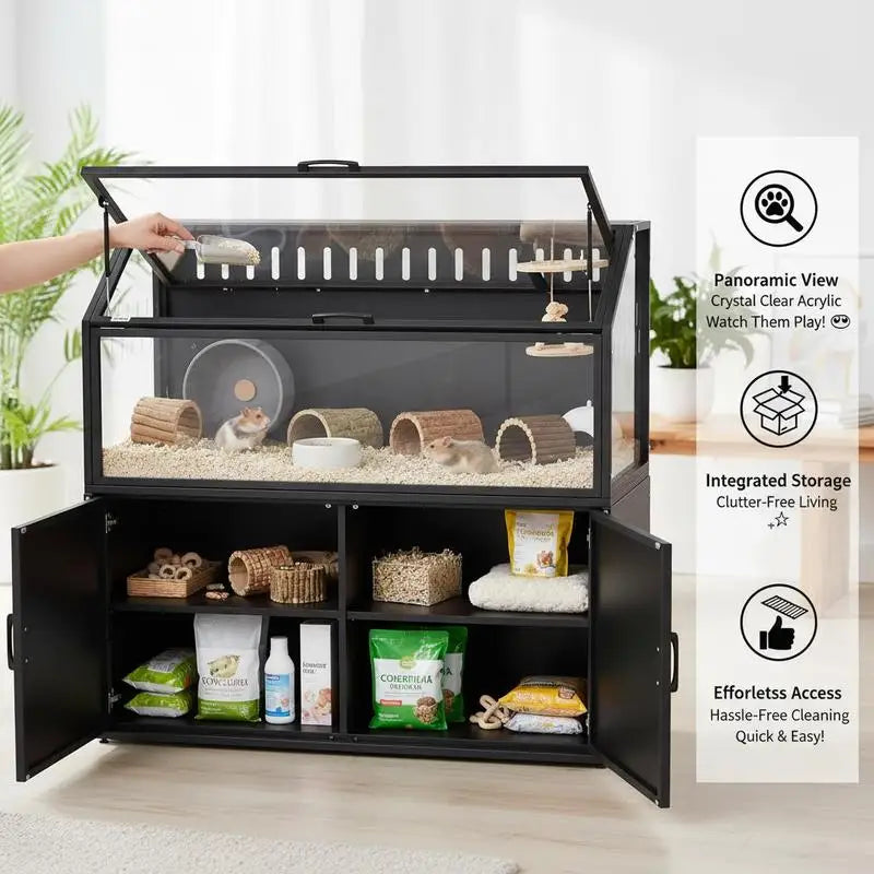 Hamster Cage With Storage Cabinet And Easy View Acrylic Panels Openable Top