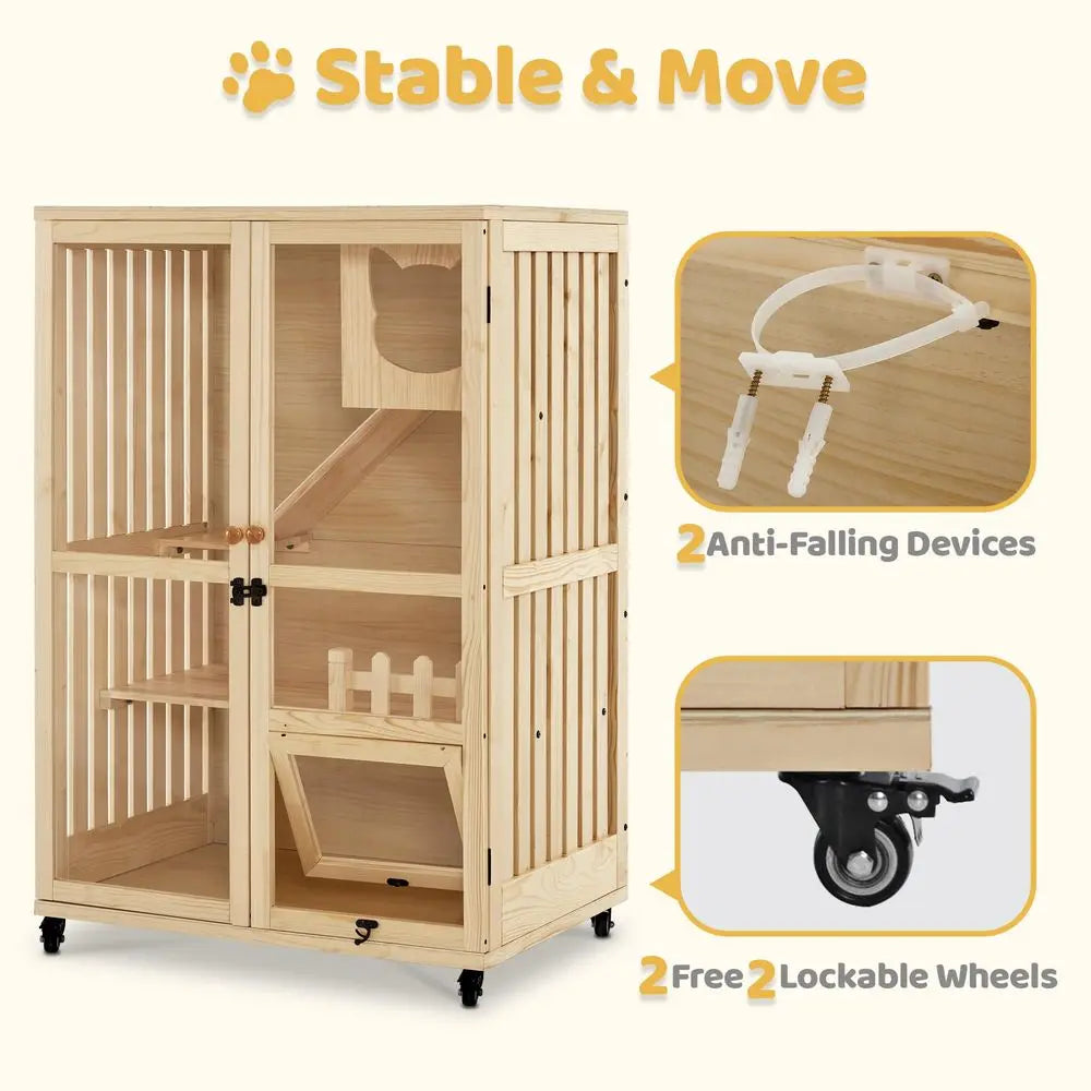 Luxury Wooden Cat Villa For Indoor Cats With Scratching Pad And Lockable Doors