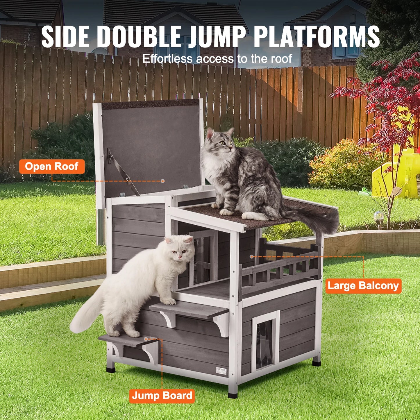 SucceBuy Outdoor Cat House Weatherproof 2 Story Wooden Shelter With Balcony Door