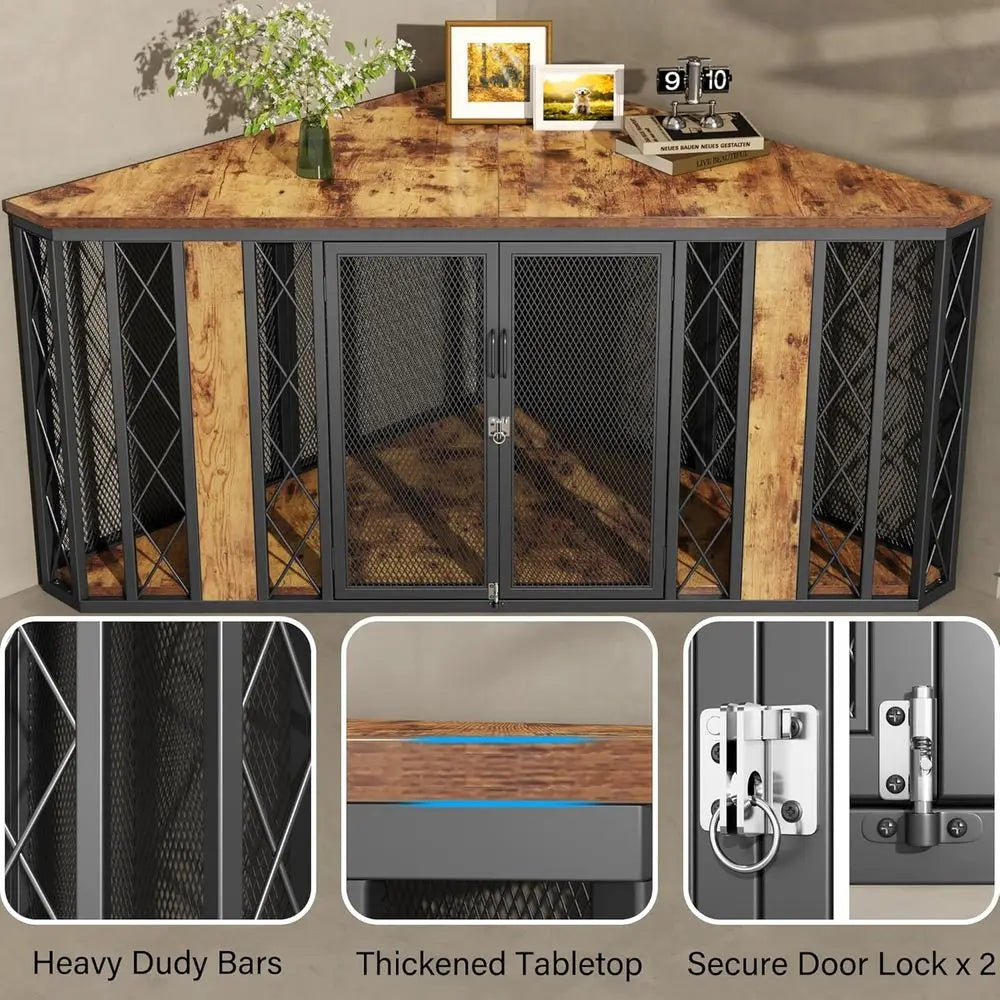 Corner Wooden Dog Crate Furniture With Diamond Metal Accent