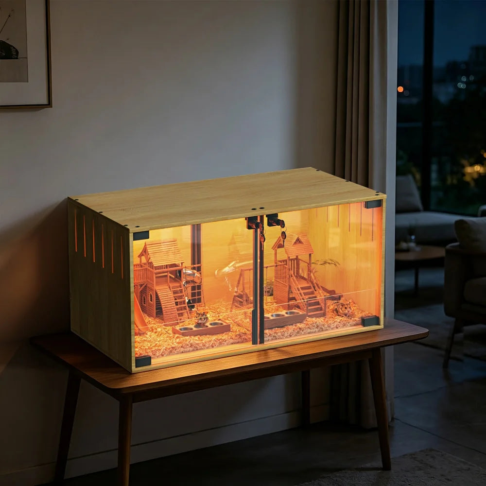 Wooden Hamster Cage With Dual Doors And Removable Divider Chew Proof