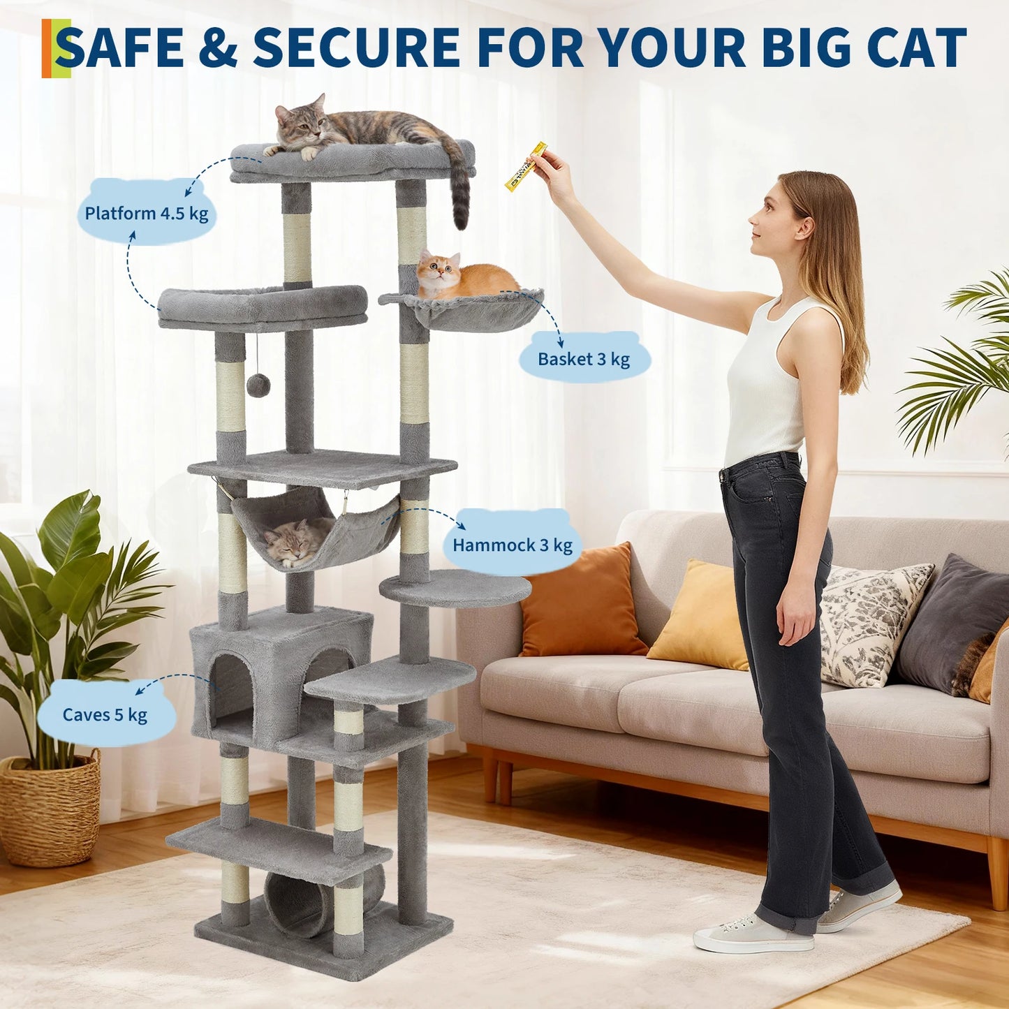 HiMISS Five Tier Cat Tree Tower With Scratching Posts And Hammock