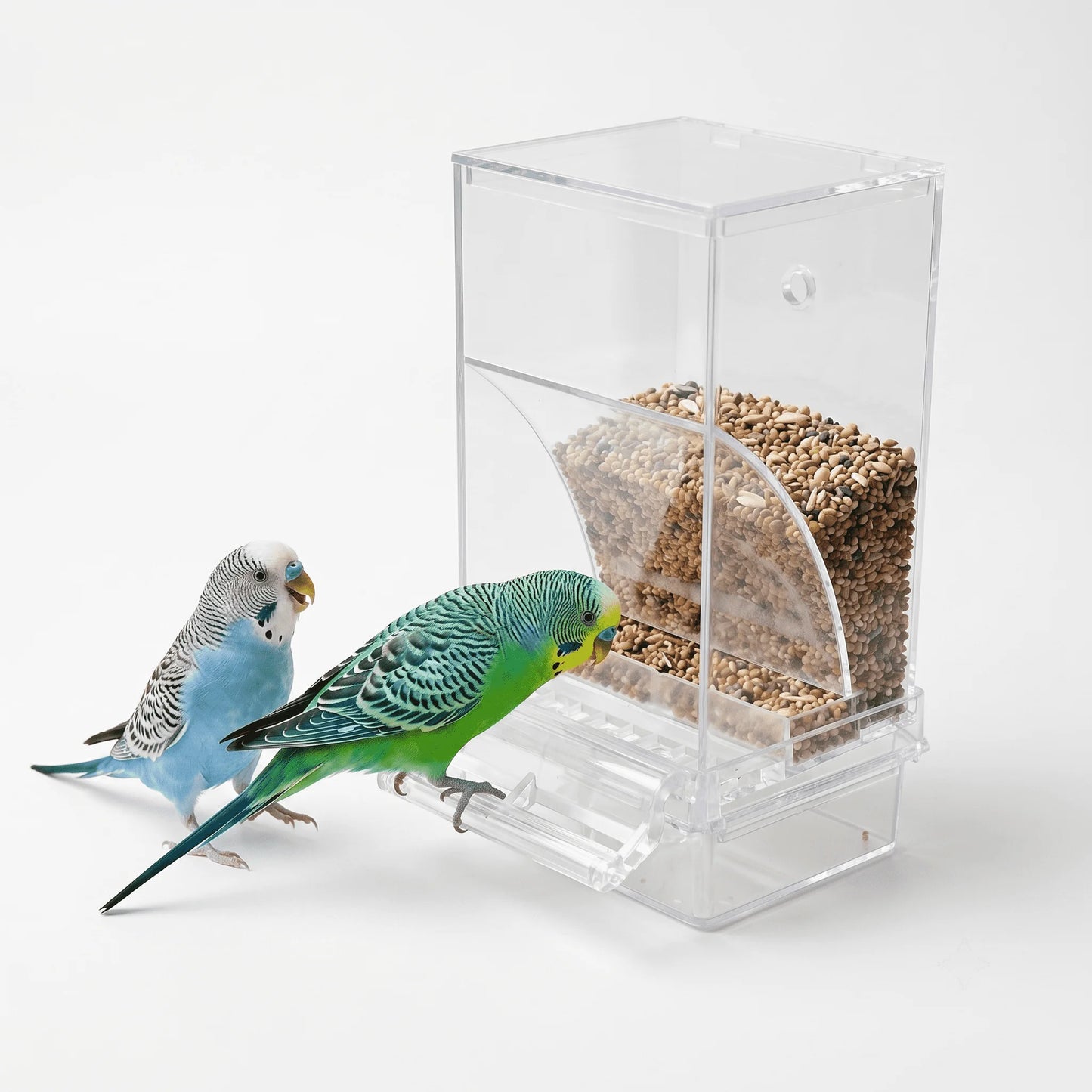 No Mess Automatic Bird Feeder Clear Acrylic Seed Dispenser Spill-Proof Parrot Feeder Cage Accessories for Budgies Parakeet Cockatiel Finch