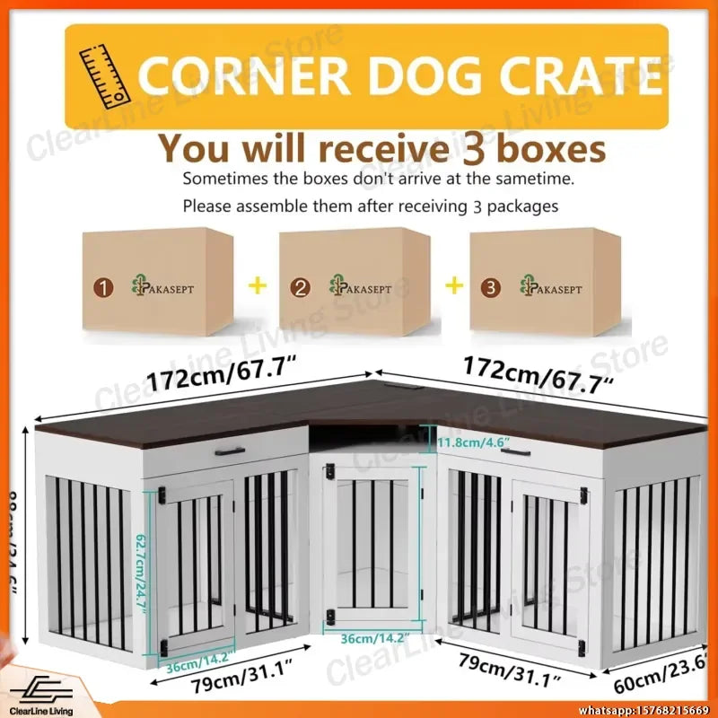 Wooden Dog Crate Furniture for Three Dogs Heavy Duty Double Kennel