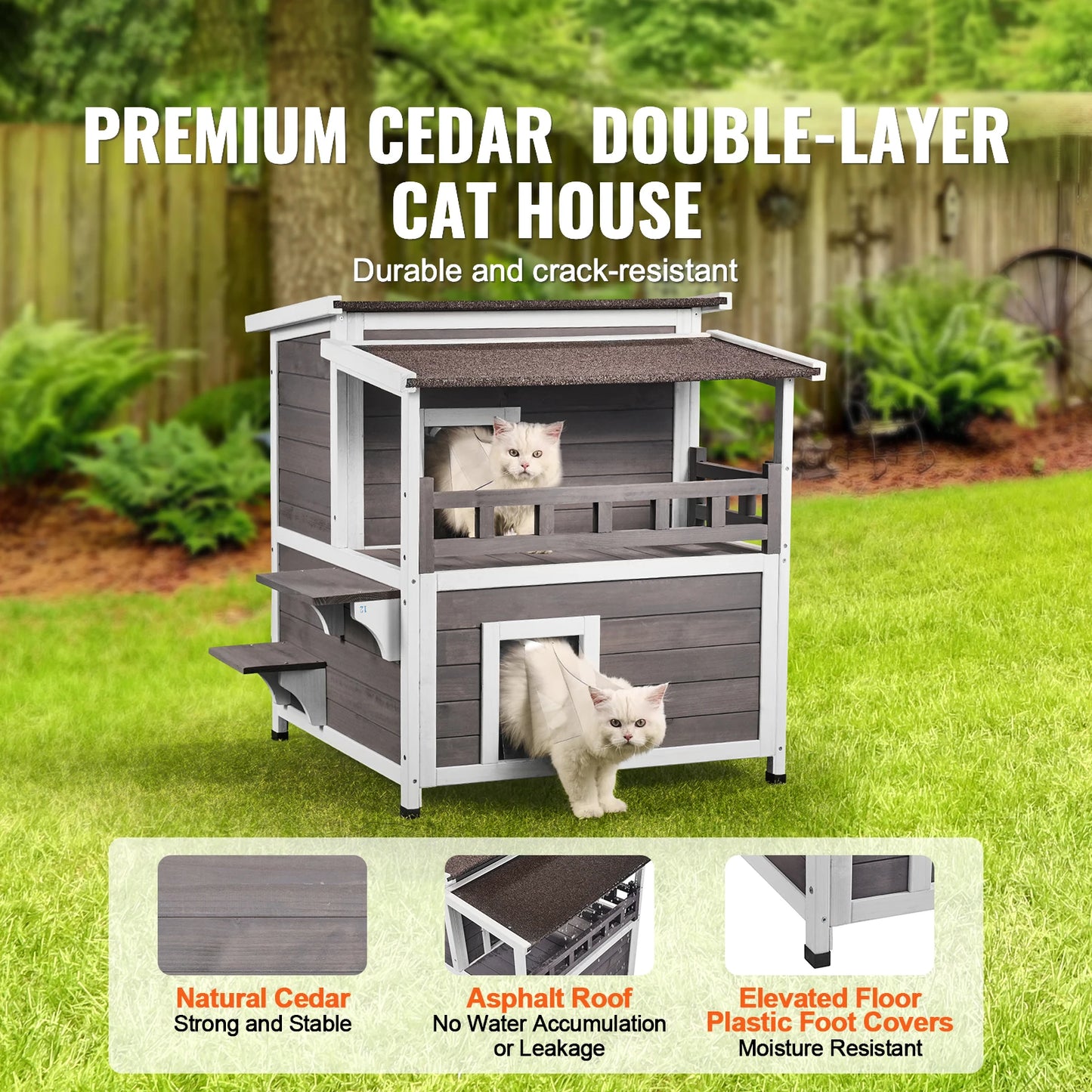 SucceBuy Outdoor Cat House Weatherproof 2 Story Wooden Shelter With Balcony Door